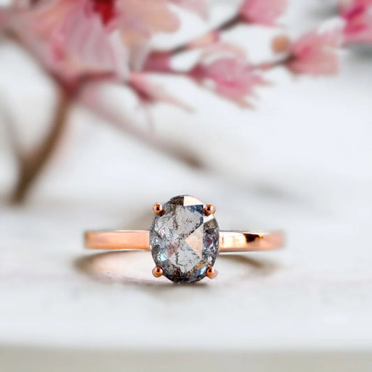 Oval Salt & Pepper Diamond Engagement Ring Set – 14K Rose Gold or Sterling Silver with Accent Diamonds