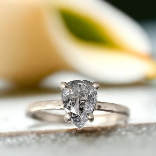 Pear-Cut Salt & Pepper Diamond Ring with Hammered Band