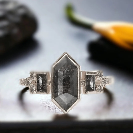 Hexagon Salt & Pepper Diamond Ring – Retro Rustic Style