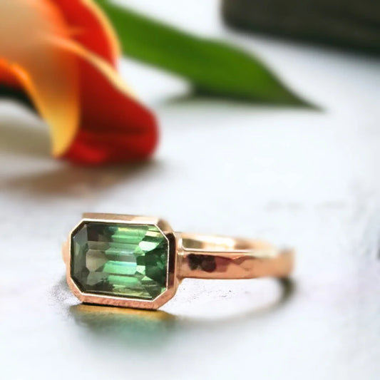 Green Sapphire Engagement Ring – Floating Bezel Step-Cut Vintage Style