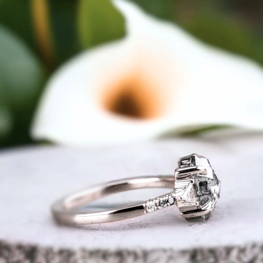 Handcrafted Hexagon Salt and Pepper Diamond Ring Premium Collection