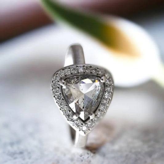 Exquisite Triangle Cut Salt & Pepper Diamond Halo Ring