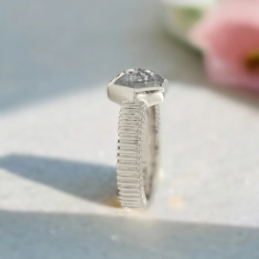 Hexagon Diamond Solitaire Ring | Bezel Set, Wide Ribbed Shank, Custom Jewelry