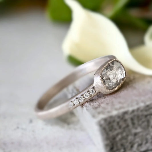 East-West Cushion Salt & Pepper Diamond Floating Bezel Ring