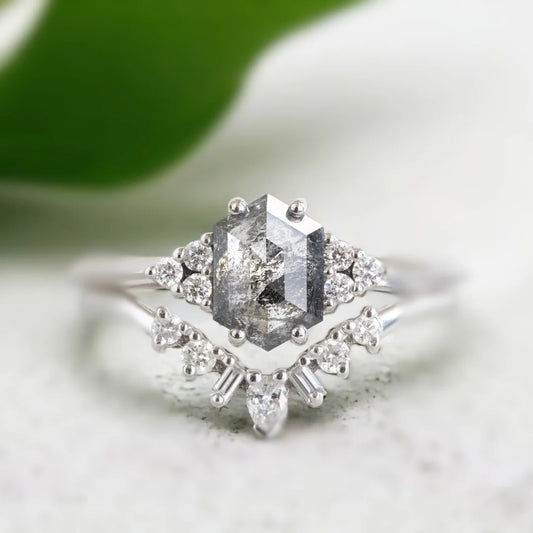 Hexagon Salt and Pepper Diamond Bridal Set White Gold Platinum