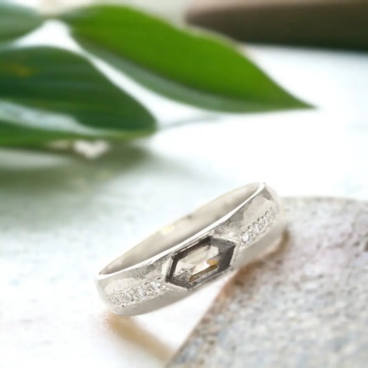 Hewn Hexagon Cognac Diamond Taper Ring - Pavé Brown Diamonds