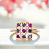 XO Black Diamond & Pink Ruby Ring with Baguette White Diamonds