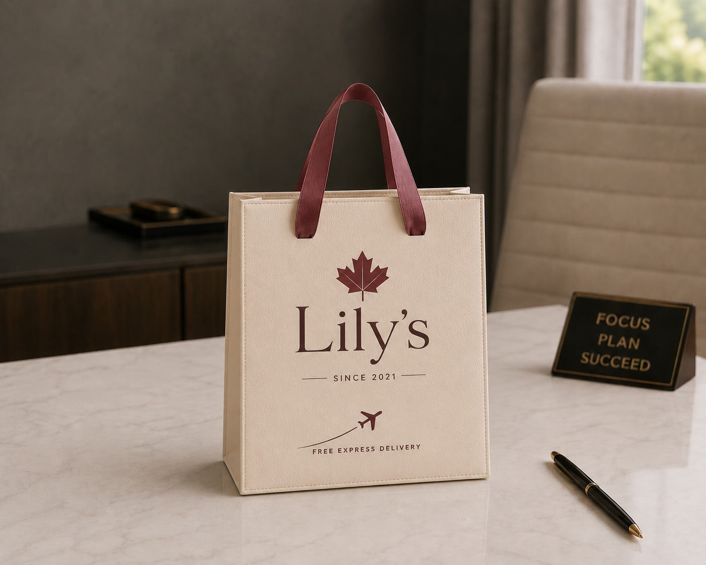Elegant shopping bag with a clean modern design, sturdy handles,
and a free express delivery message, designed for jewelry packaging,
gift presentation, accessories,
and online order fulfillment.
