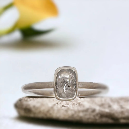 Natural Salt and Pepper Diamond Ring, Ice White Diamond Ring In Gray Gold, featuring a 1.05 CT rose cushion-cut natural salt and pepper diamond in a handcrafted artisan ring design with a straight shank band.