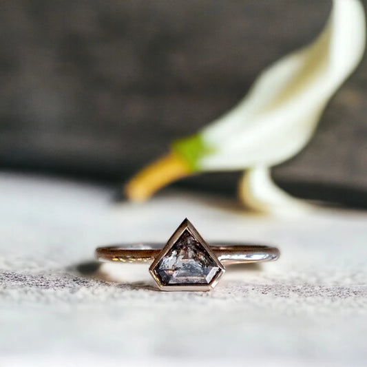 Natural Salt and Pepper Shield Diamond Ring with Crescent Design featuring a shield-cut salt-and-pepper diamond in a minimalist geometric ring design with a straight shank band and refined contemporary style.