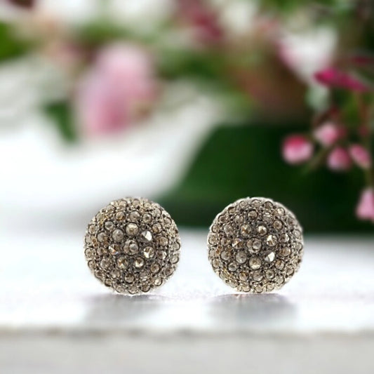 Salt and Pepper Diamond Stud Earrings Rustic Bohemian Bridal Set featuring round rose-cut salt-and-pepper diamonds with grey tones, classic stud settings, and a handcrafted bohemian-inspired design.