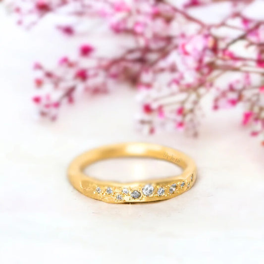 Salt And Pepper Diamond Scatter Band Ring Design Featuring Natural Round-Cut Salt And Pepper Diamonds In A Unique Scatter Arrangement. Handcrafted Fine Jewelry With An Organic Minimalist Band Style, Contemporary Artisan Detailing, And A Delicate Straight Shank Design.