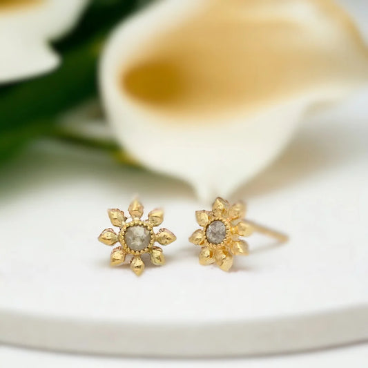 Salt and Pepper Diamond Stud Earrings with Rose-Cut Grey Diamonds featuring round rose-cut salt and pepper diamonds in classic stud earrings with a floral-inspired design and screw-back closure.