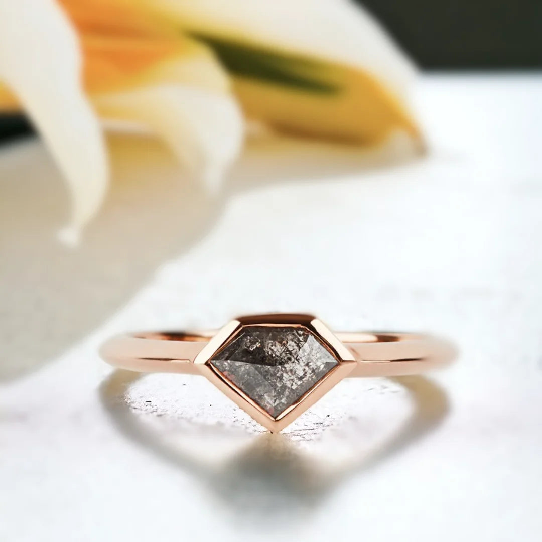 Salt and Pepper Diamond Shield Ring Fortress Flame Design