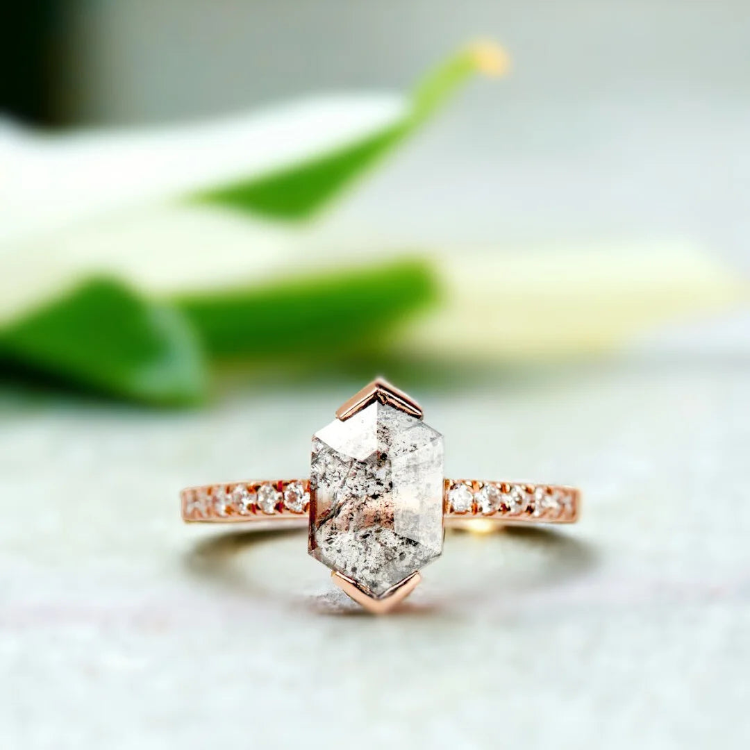 Hexagon Salt and Pepper Diamond Engagement Ring Handmade Design