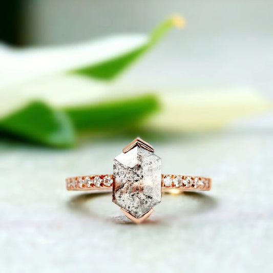 Hexagon Salt and Pepper Diamond Engagement Ring Handmade Design