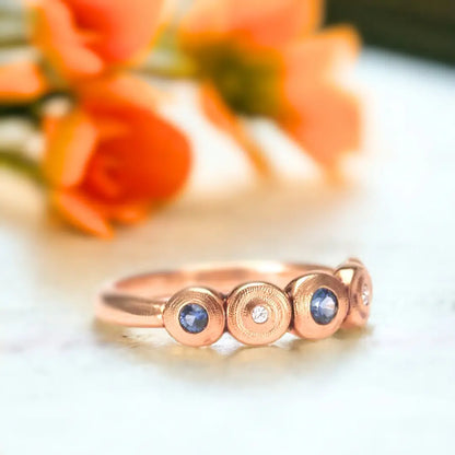 Five Seed Dome Ring with Diamonds and Blue Sapphire