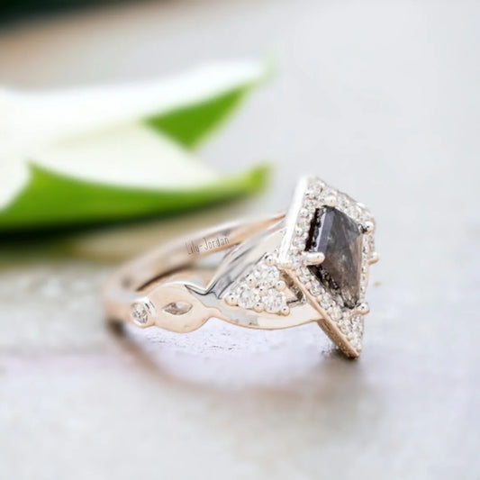 Salt and Pepper Kite Diamond Ring Unique Handmade Design