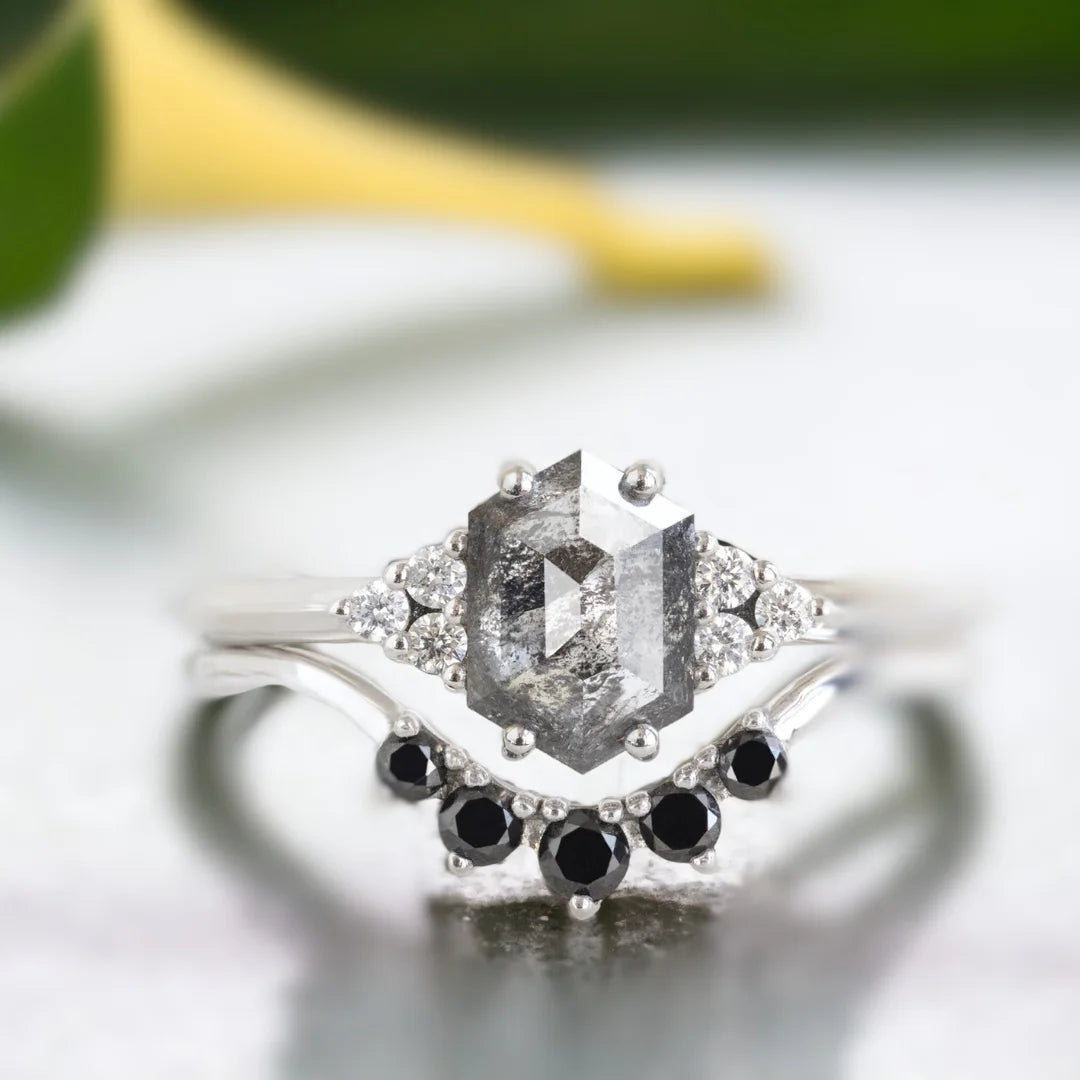 Hexagon Salt and Pepper Diamond Bridal Set White Gold Platinum