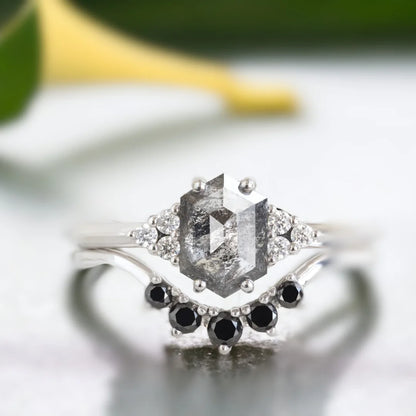 Hexagon Salt and Pepper Diamond Bridal Set White Gold Platinum