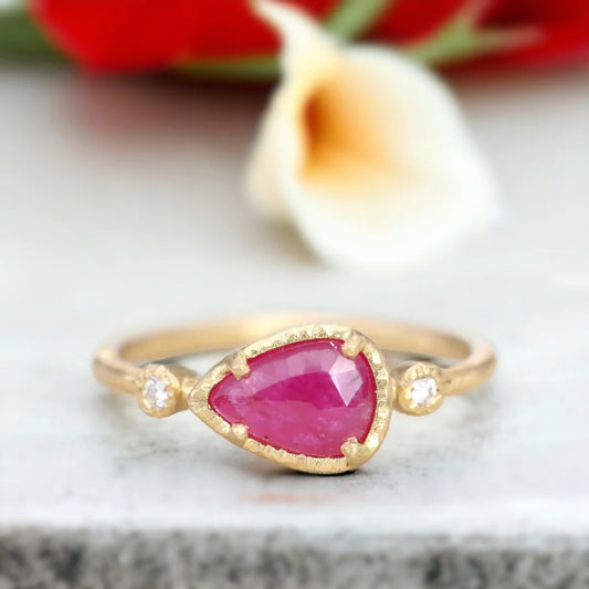 Ruby Pear and Diamond Muguet Ring Elegant Handmade Jewelry