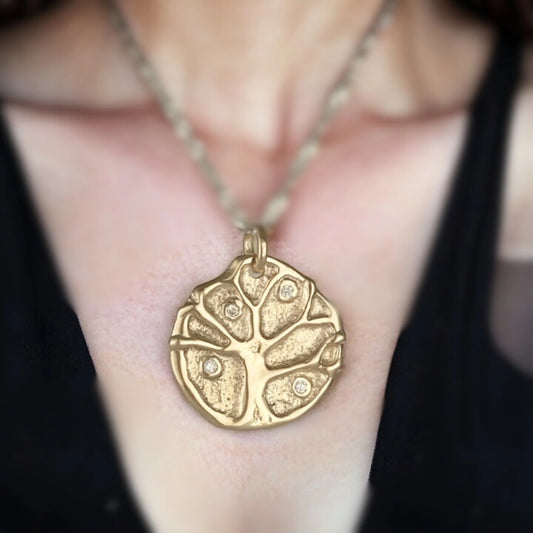 Tree of Life Gold Pendant with Diamond Accents | Handcrafted Sand Cast Artisan Jewelry