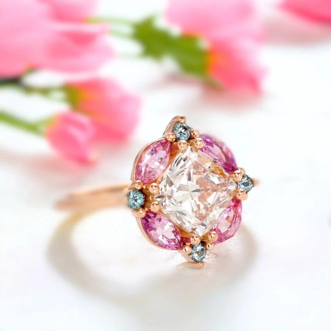 Cushion Diamond Mosaic Ring with Teal and Pink Sapphires