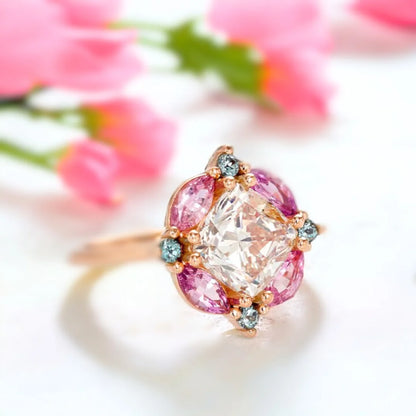 Cushion Diamond Mosaic Ring with Teal and Pink Sapphires