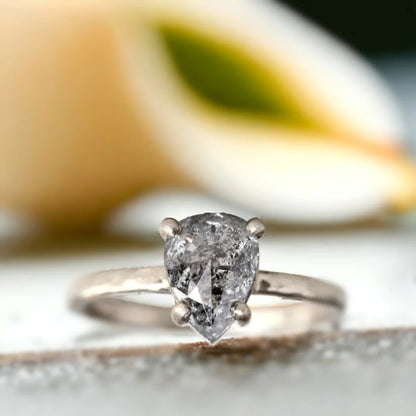 Pear Cut Salt and Pepper Diamond Ring Hammered Band Design
