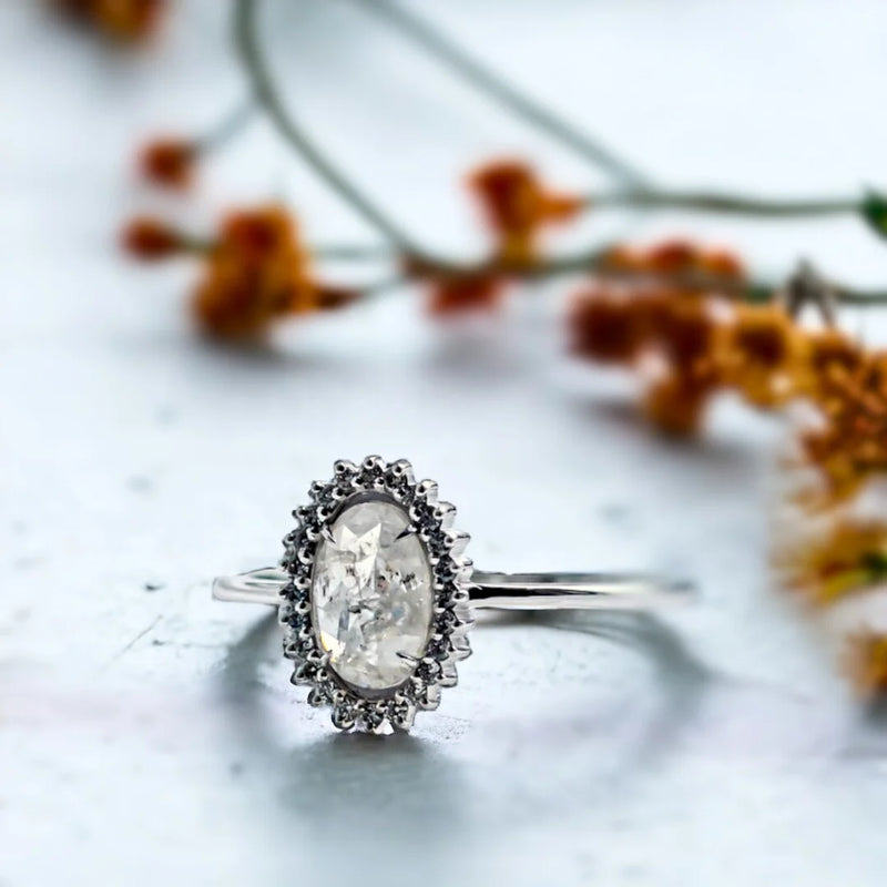 Pale Gray with Speckles Natural Salt And Pepper Diamond, Lunar Glow Milky Diamond Engagement Ring