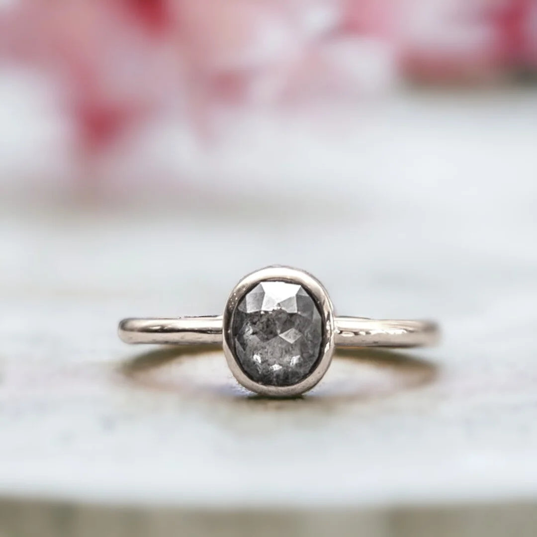 Salt and Pepper Oval Diamond Ring Rose Gold Bezel Solitaire