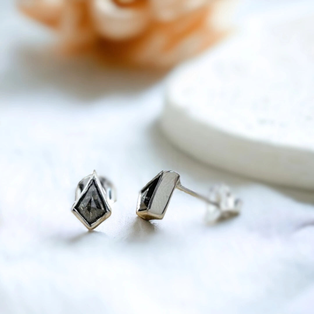 Salt and Pepper Kite Diamond Stud Earrings Bezel Set
