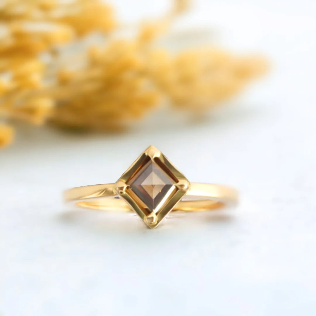 Carre Cut Smoky Quartz Brown Diamond Engagement Ring