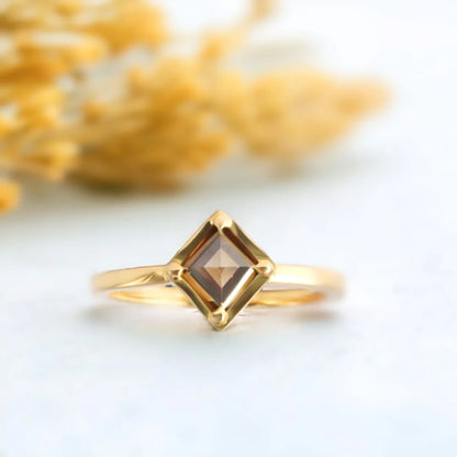 Carre Cut Smoky Quartz Brown Diamond Engagement Ring