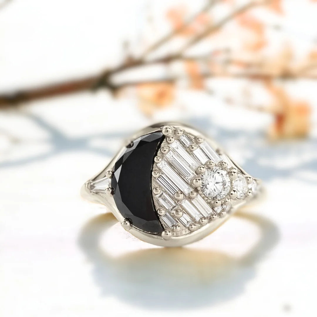 New Moon Jet Black Diamond Ring Handcrafted Design