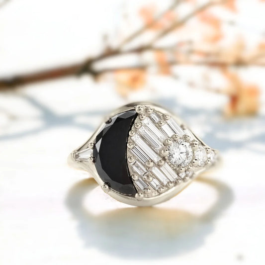 New Moon Jet Black Diamond Ring – Handcrafted Baguette-Cut Luxury