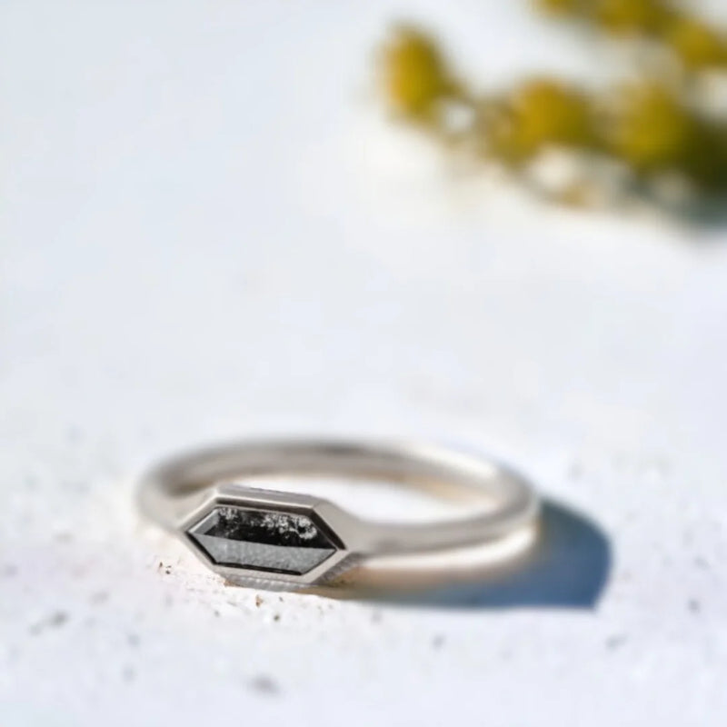 Astral Harmony Horizontal Hexagon Diamond Ring, Whispers of the Earth Salt And Pepper Diamond Ring