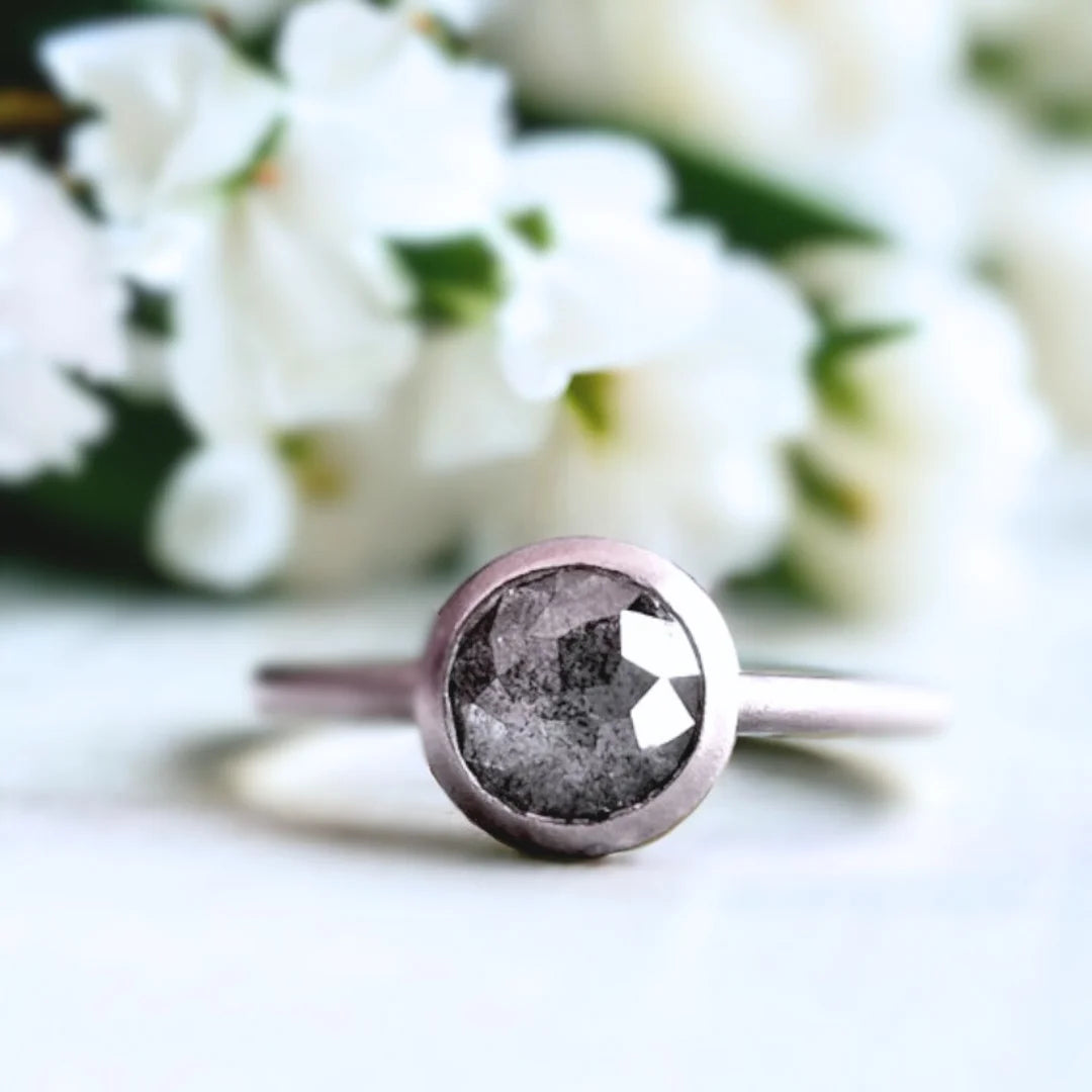 Round Salt and Pepper Diamond Ring Unique Natural Stone Design