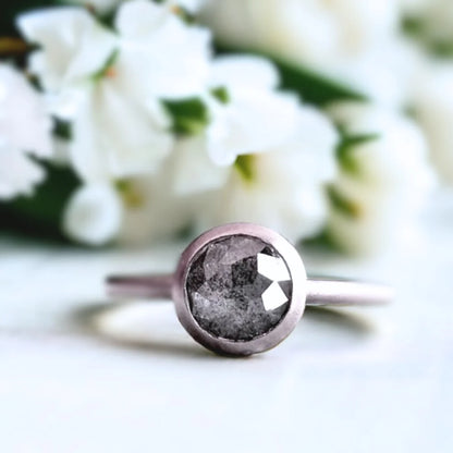 Round Salt and Pepper Diamond Ring Unique Natural Stone Design