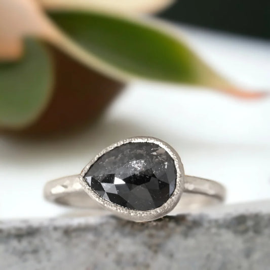Pear-Shaped Salt & Pepper Diamond Ring in Bezel Setting – Unique Natural Gem
