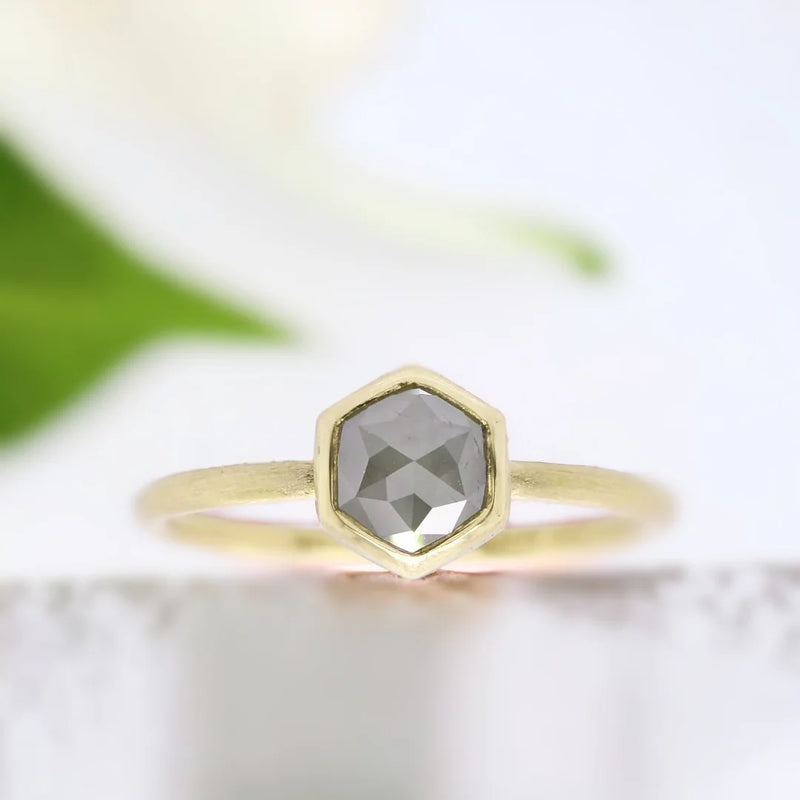 Dazzle Twilight Hexagon Rose Cut Natural Salt & Pepper Diamond Ring, Charm Starlit Diamond Ring