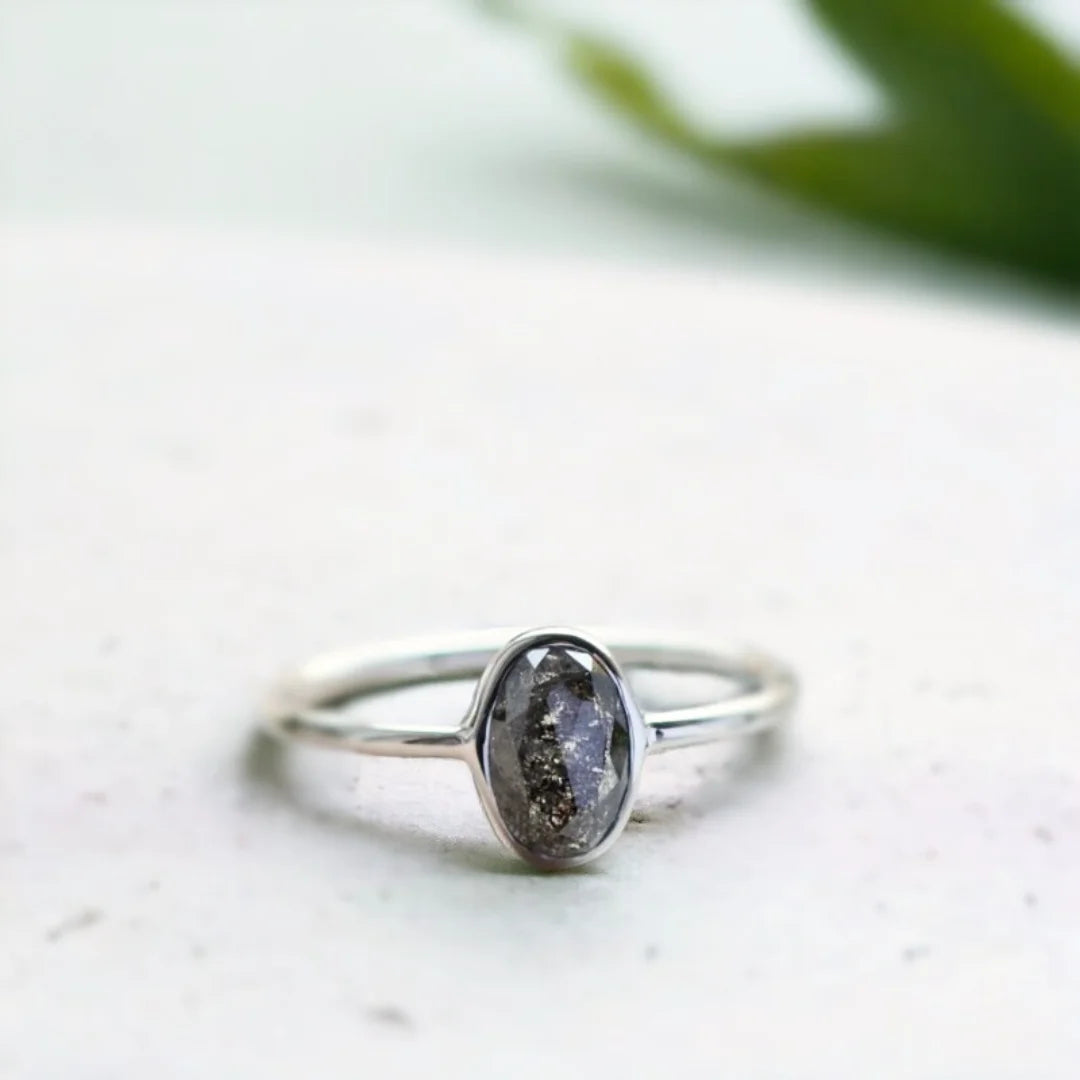 Oval Salt and Pepper Diamond Bezel Ring White Gold