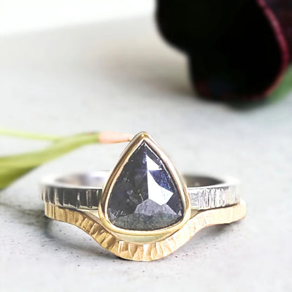 Dual Resonance Salt and Pepper Diamond Ring Pear Diamond Glimmer