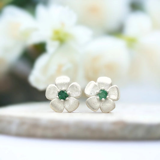 Handcrafted Sterling Silver Floral Stud Earrings with Green Emerald – Matte Finish