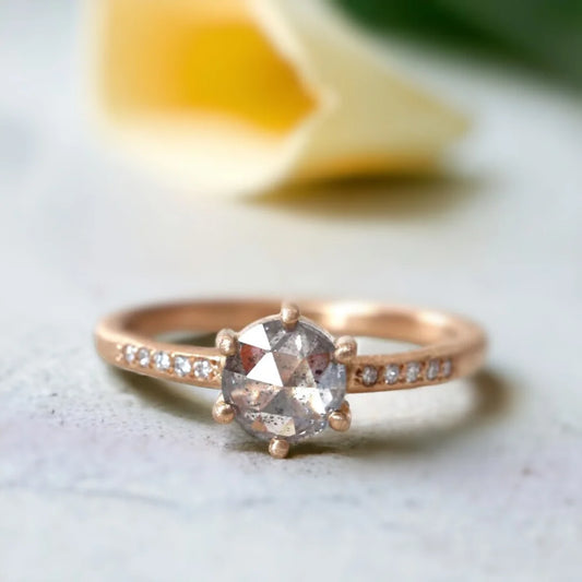 Round Rose-Cut Salt & Pepper Diamond Ring with White Accent Diamonds