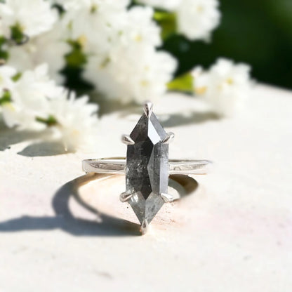 Black Speckled Hexagon Diamond Ring with Claw Set