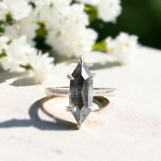 Black Speckled Hexagon Diamond Ring with Claw Set