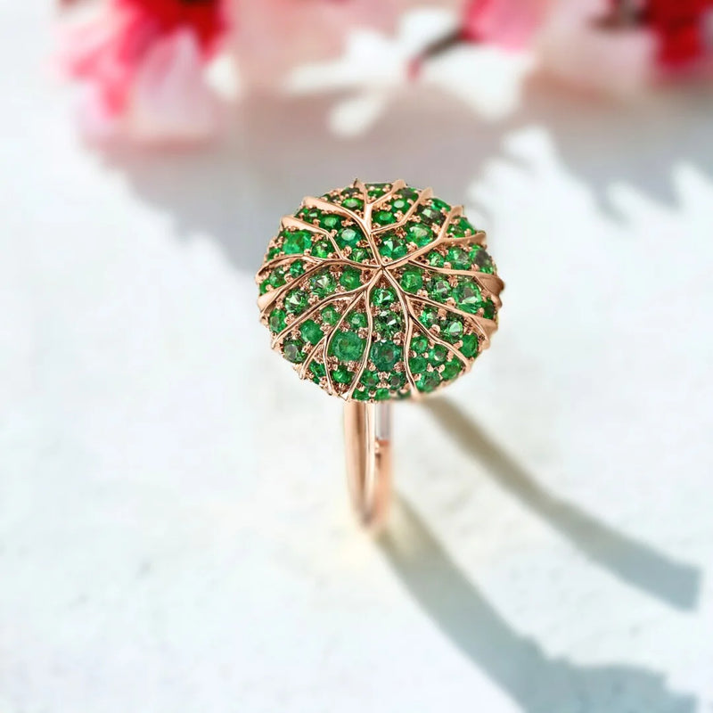 Garden Treasures Emerald Bloom Ring, Green Flower Blossom Engagement Ring