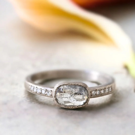 East-West Cushion Salt & Pepper Diamond Floating Bezel Ring