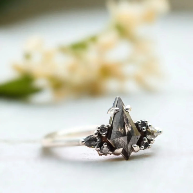 A Symbol of Elevation: Kite-Cut Diamond Engagement Ring, Reach for Forever Salt And Pepper Diamond  Ring